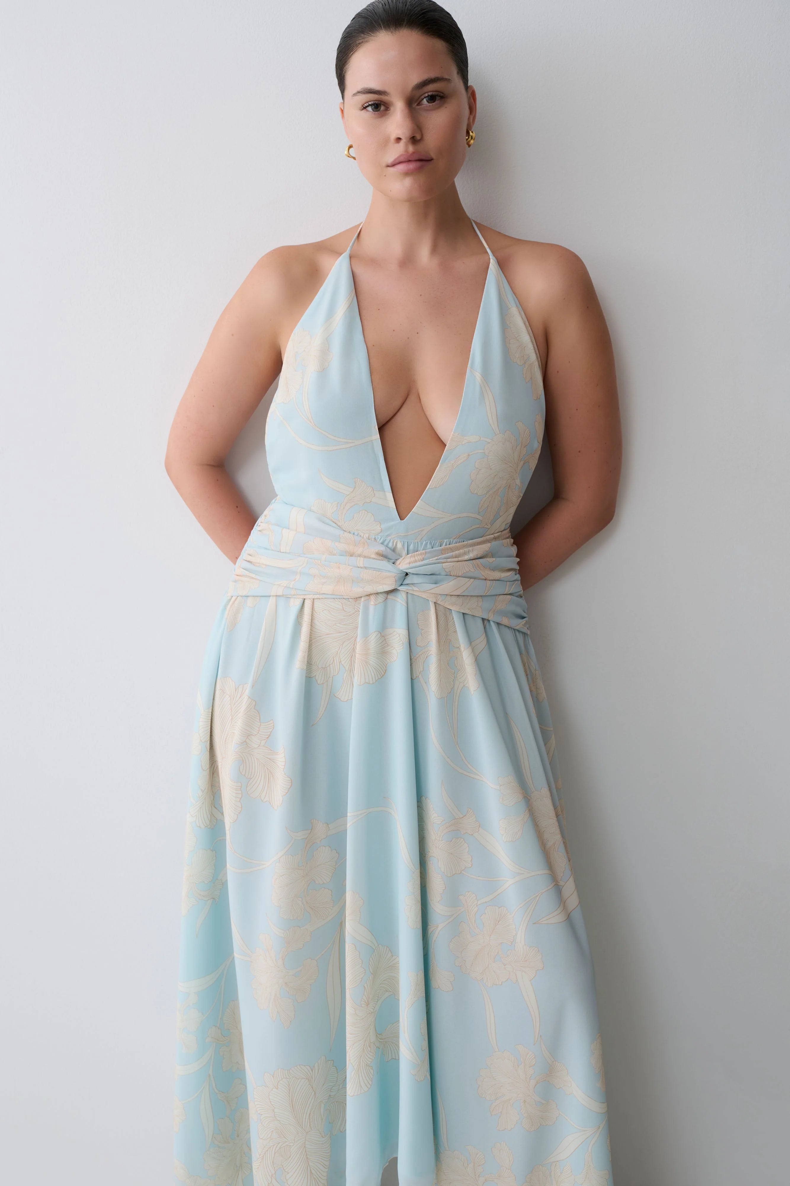 Cyra Plunge Chiffon Midi Dress - Blue Floral Print