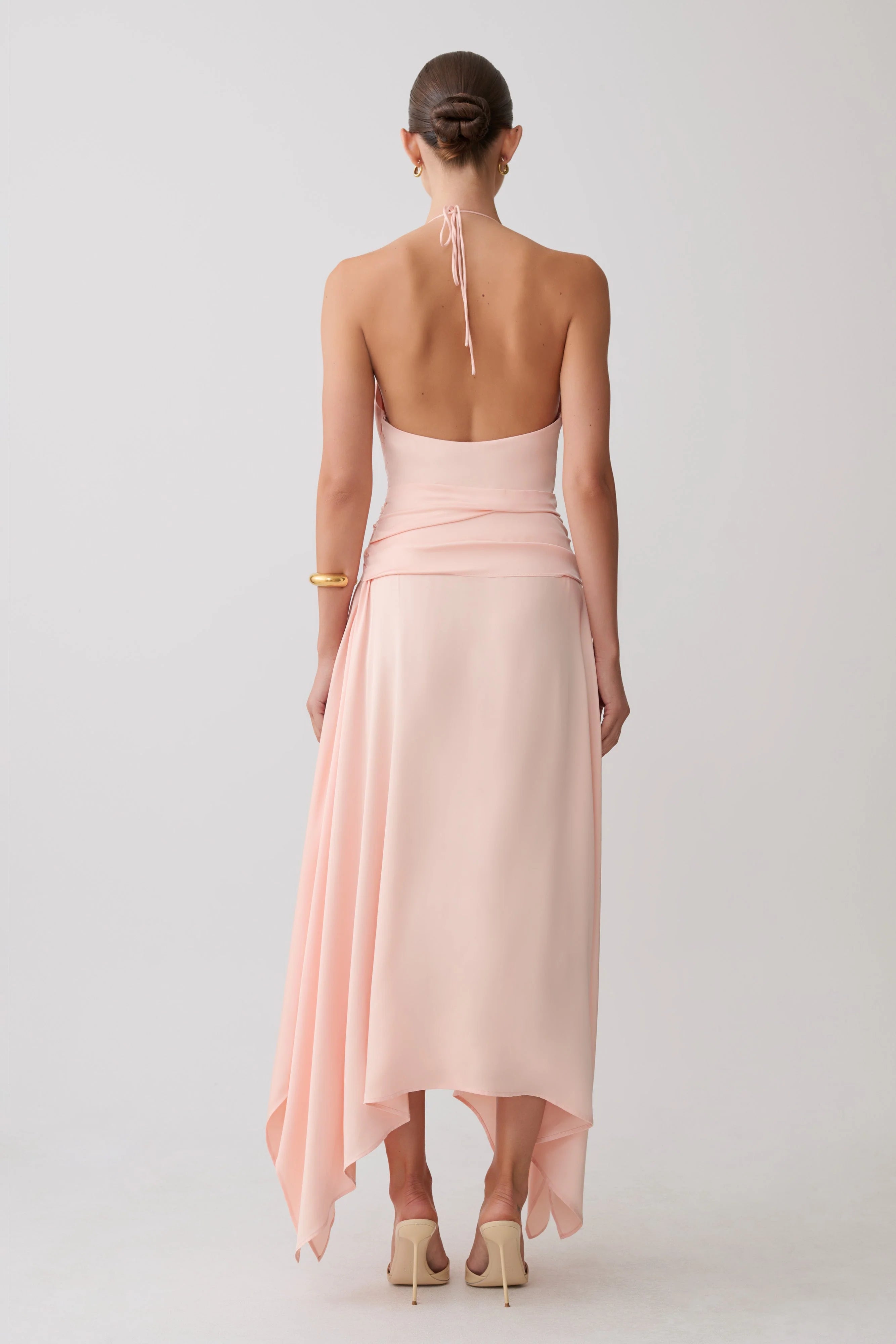 Cyra Plunge Satin Midi Dress - Peach