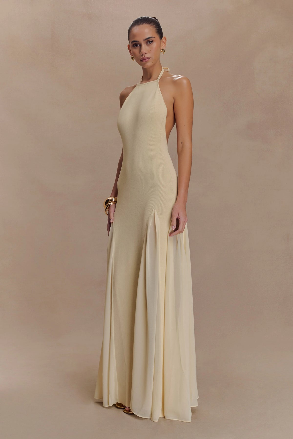 Soleil Knit And Mesh Halter Maxi Dress - Cream